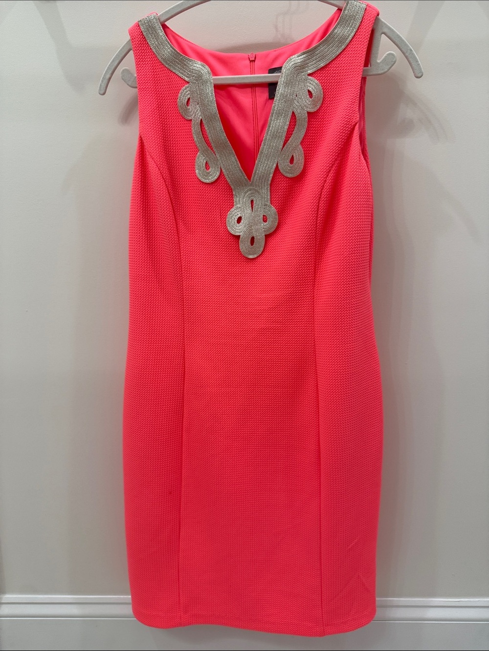 Vince Camuto Coral Pink Sleeveless Sheath Dress with Silver Neck Embellishment